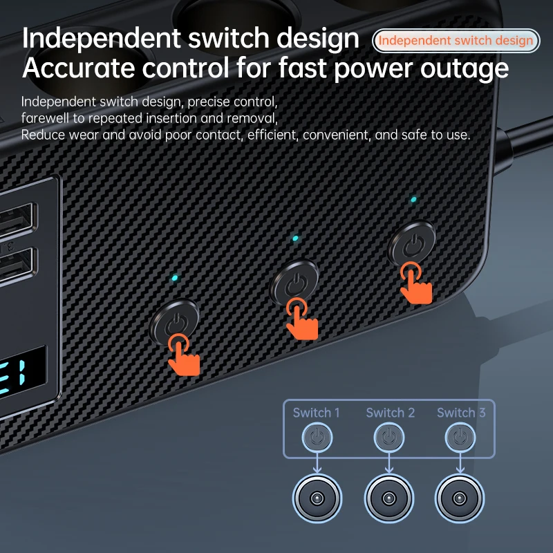 محول شاحن سيارة جديد 171 واط/128 واط، موزع ولاعة سجائر 9 في 1، PD30 واط/QC 3.0، مفاتيح مستقلة، شحن سريع، منفذ USB من النوع C، مناسب لهواتف شاومي وسامسونج وهواوي #6