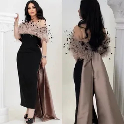 High Quality Off-the-shoulder Sheath Celebrity Feathers Draped Satin Occasion Evening Gown arabic evening dress