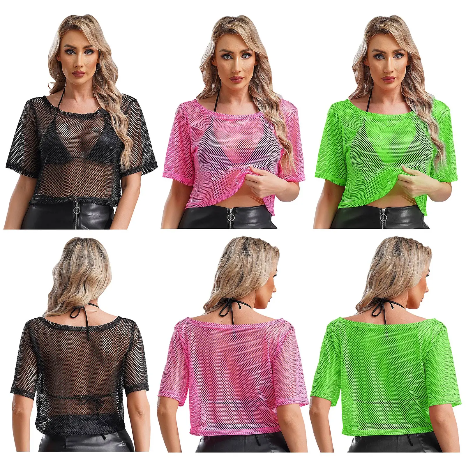 Womens Hollow Out Crop Top 80s Disco Dance Fishnet T-shirt Round Neck Short Sleeve Camisole Cover-up for Clubwear Dancing Party