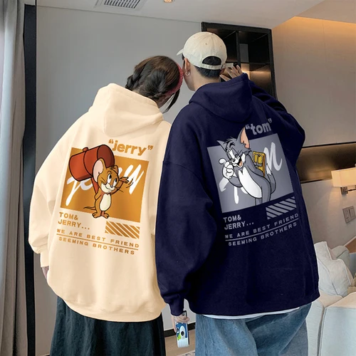 Suéter con capucha con estampado de Tom y Jerry para primavera y otoño, abrigo holgado de estilo perezoso con dibujos animados, ropa de calle a la moda