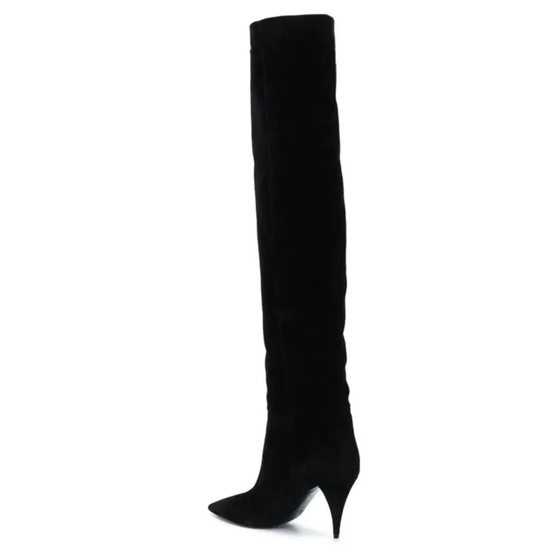 Pleated Solid Color Pointed Thin Heels Women Knee-high Boots Big Size 35-44 2020 Fashion Ladies Shoes Zapatos De Mujer