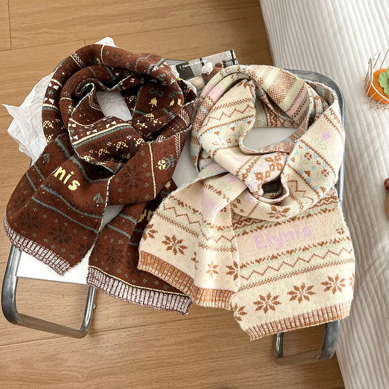 Autumn Maple Leaf Scarf Women Winter Warm Thick Knitted Wool Neck Wrap Korean Style Retro Fashion