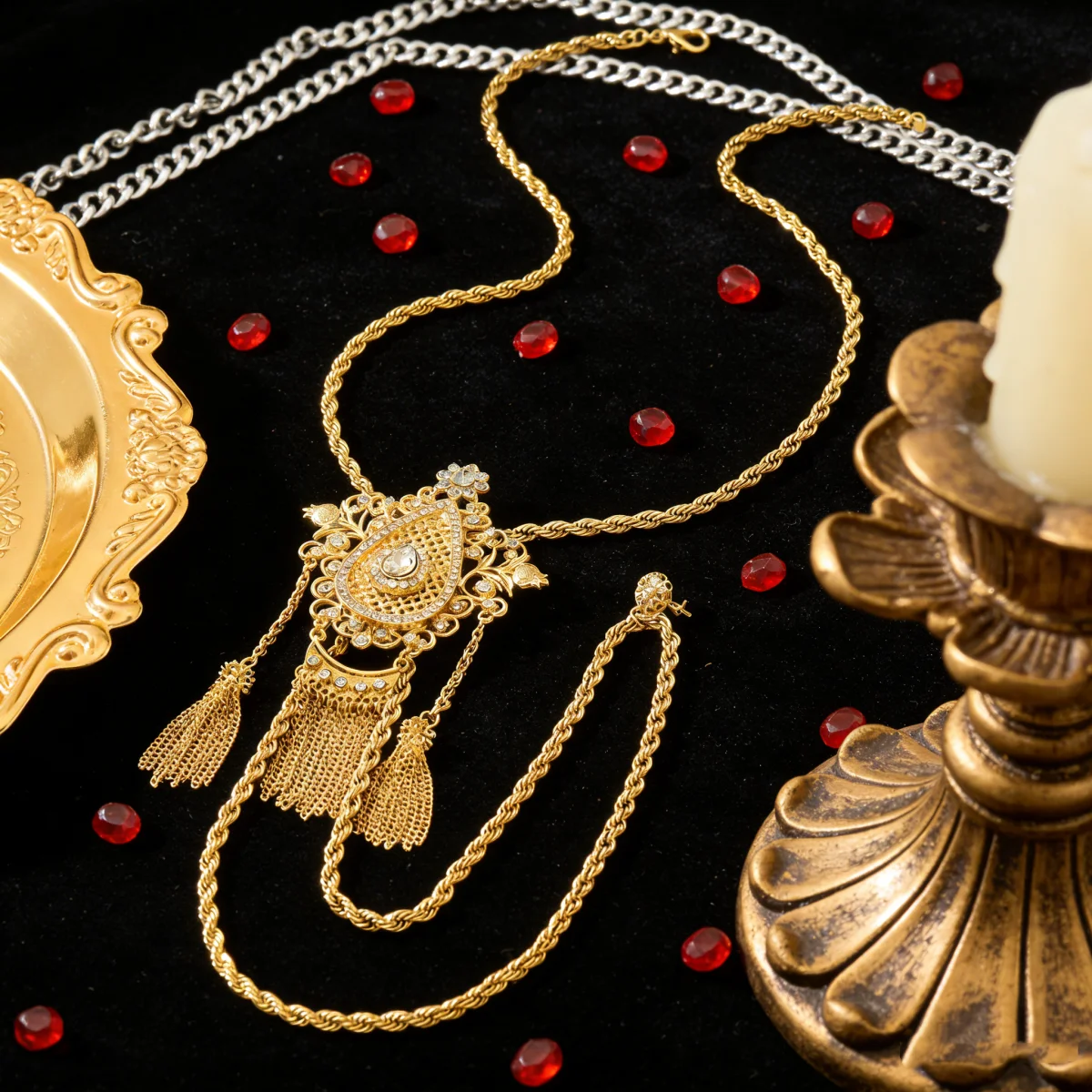 

Arabian Bride Golden Long Tassel Necklace Handmade Metal Hollow Design Festival Traditional Jewelry