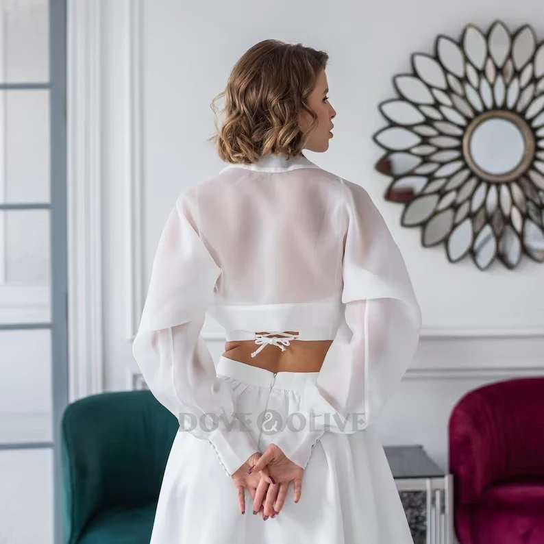 Organza Wedding Bolero Full Sleeves Bride Shrug with Buttons Bridal Cape Formal Party Women Jacket Custom Made