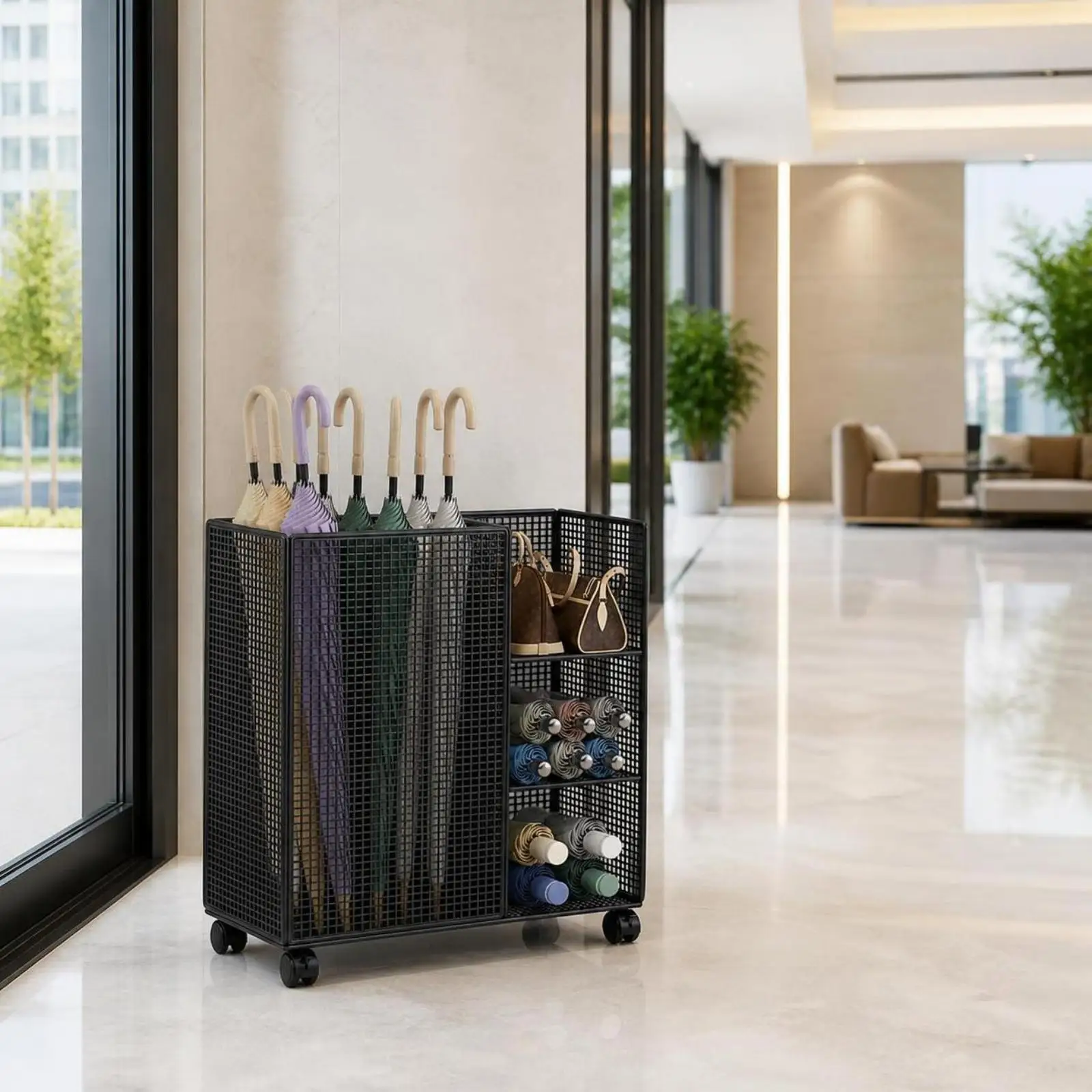 Mobile Umbrella Rack with Shelves for Rain Gear Storage Wrought Iron Frame Perforated Grid Design Caster Wheels Compact