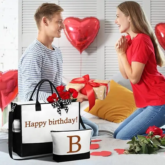 Personalized Canvas Beach Bag Set Gifts for Women,Custom Embroidery Effect Tote Bag and Makeup Bag Set