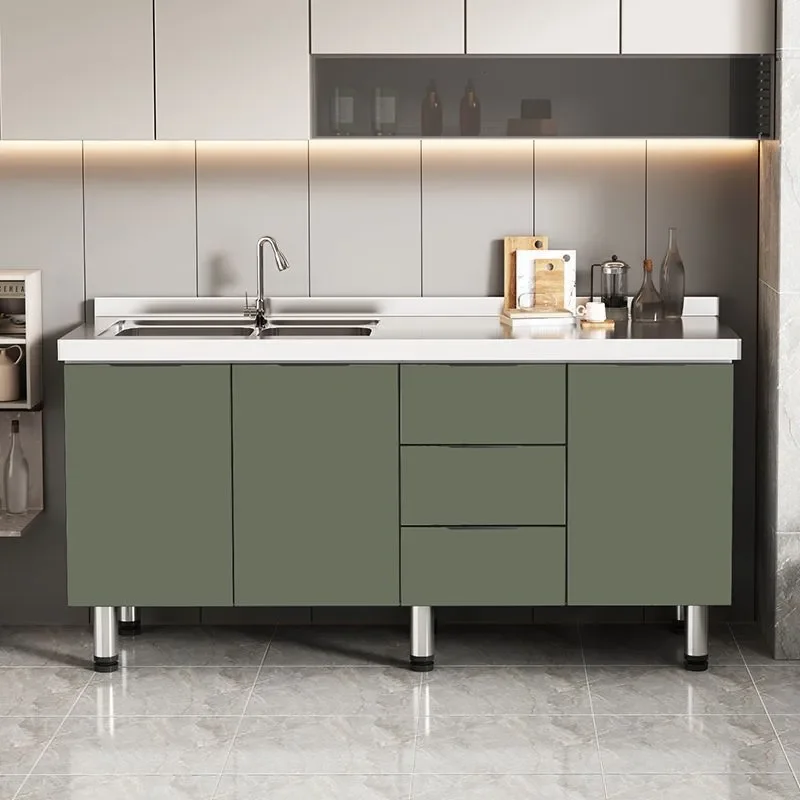 Simple Stainless Steel Kitchen Cabinet with Integrated Sink and Stove Space Economical Household Cupboard for Rental Room