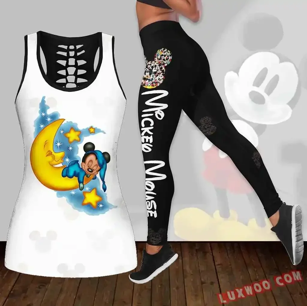 Disney Mickey Mouse Hollow Tanktop Leggings Yoga Set Summer Fitness Leggings Tracksuit Cutout Tank Top Leggings Set