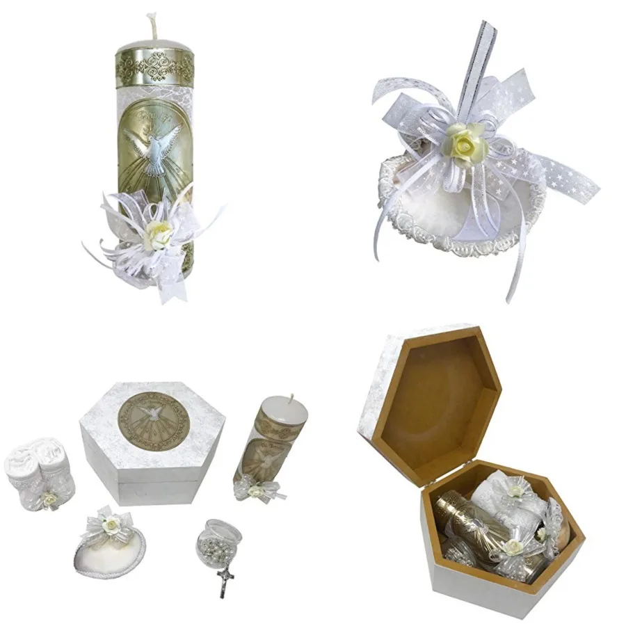 

Arcangeles Mexicanos Catholic Baptism Candle Set in a Wooden Box with Towel, Candle, Rosary and Shell for Baby Boys and Girls.