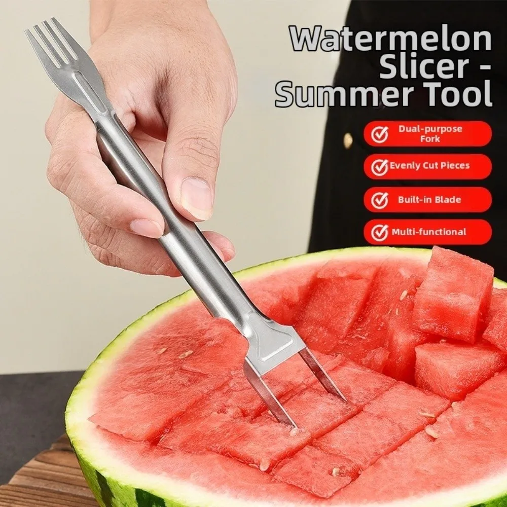 2 in 1 Watermelon Cutter Silver Double Head Use Watermelon Fork Slicer Stainless Steel Multi-purpose Salad Cutter Kitchen