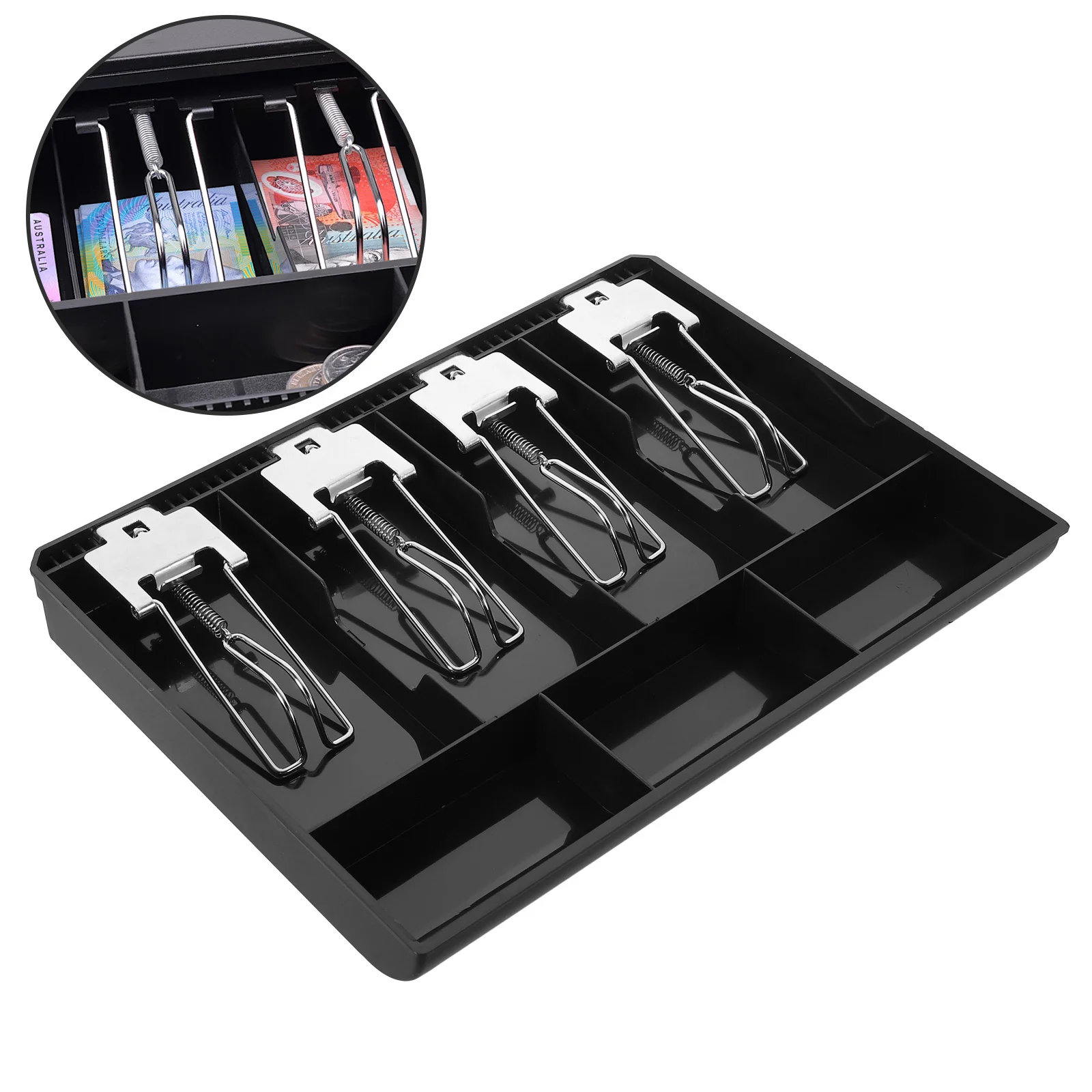 Bandeja de caixa registradora abs bandeja de inserção de aço inoxidável clipe divisor de moedas gaveta de dinheiro portátil para uso em loja gaveta de dinheiro