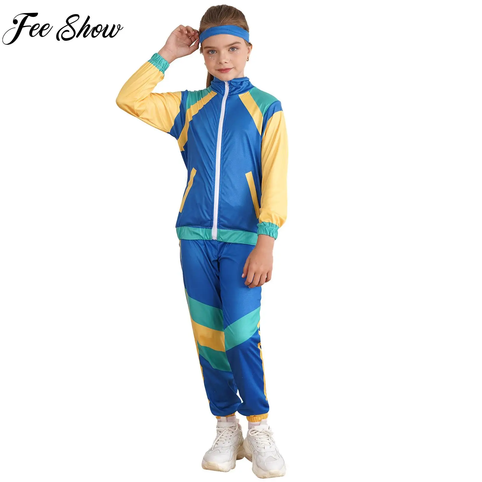 Kids Unisex Hip Hop Costume Dance Tracksuit Sports Suit 80s Retro Disco Costume Top Pants Headband Set for Stage Carnival Party