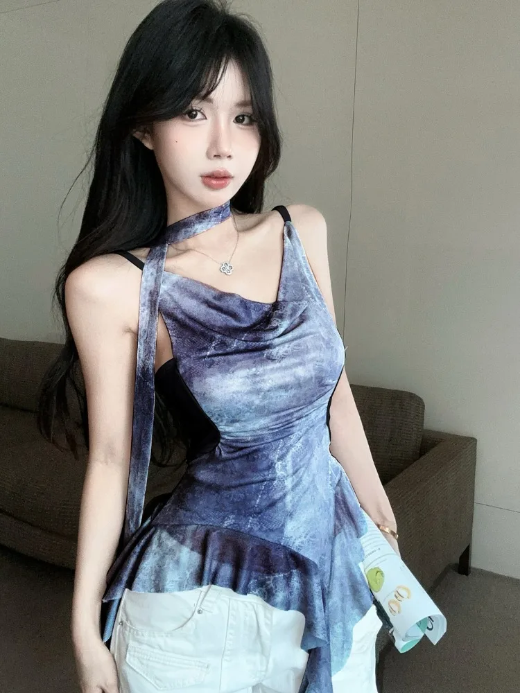 Dyed Print Bell Sleeve Mesh Top Asymmetrical Hem Slimming Vest Sleeveless Irregular Splicing Thinming Summer Commute Style