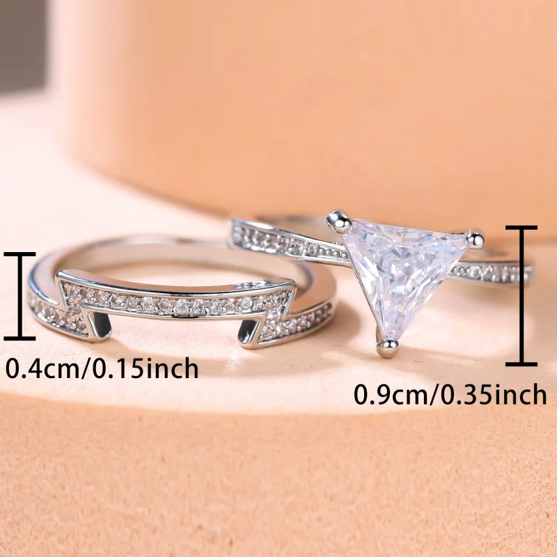 2026 New Triangle White Zircon Two-piece Combination Ring Design with Trendy Geometric Pointed Zirconia Full Accessories