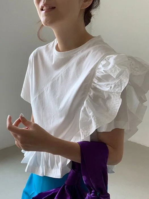Blusa de Verano Estilo Coreano, Hoada, Cuello Redondo, Manga Corta, Diseño Asimétrico, con Volantes, Informal, para Mujer