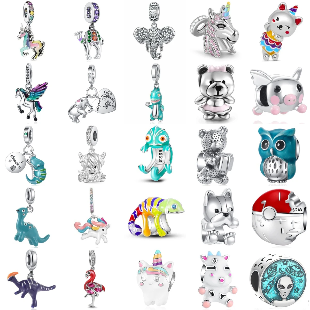 

New 925 Sterling Silver Chameleon Rainbow Horse Flamingo Pendant Bead Fit Original Charms Bracelet Trinket Jewerly Accessories