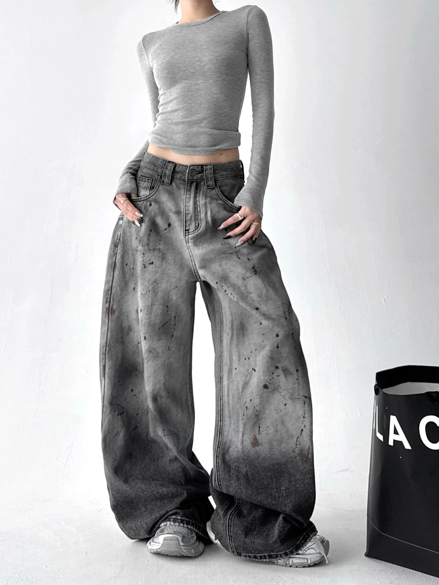 Y2K Splashed Ink Jeans Women Graffiti High Waist Wide Leg Loose Floor Length Casual Pants Autumn New