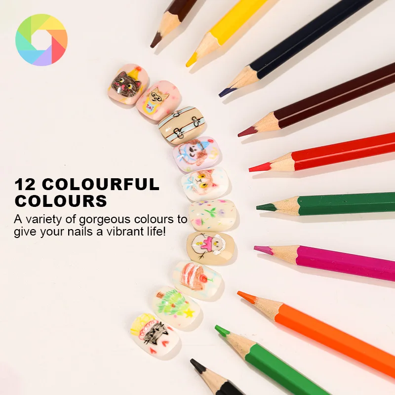 KANIU 12 Colors Water Soluble Colored Pencils 18.2X3.4 CM Non-Fade Graffiti Nail Art Set Professional Nail Artist Painting Tools