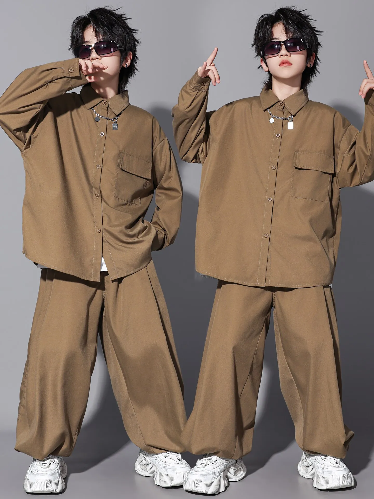 

Детская одежда в стиле хип-хоп, рубашки цвета хаки для девочек и мальчиков, брюки с длинными рукавами, мешковатый костюм для уличных танцев, костюм для джазовых выступлений, Kpop BL18050