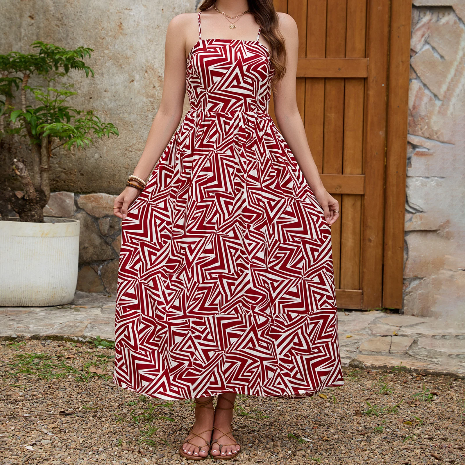 Vintage Women Sleeveless Dress Summer Geometric Print Cutout Backless Party Dress for Vacation Cocktail Beach Streetwear