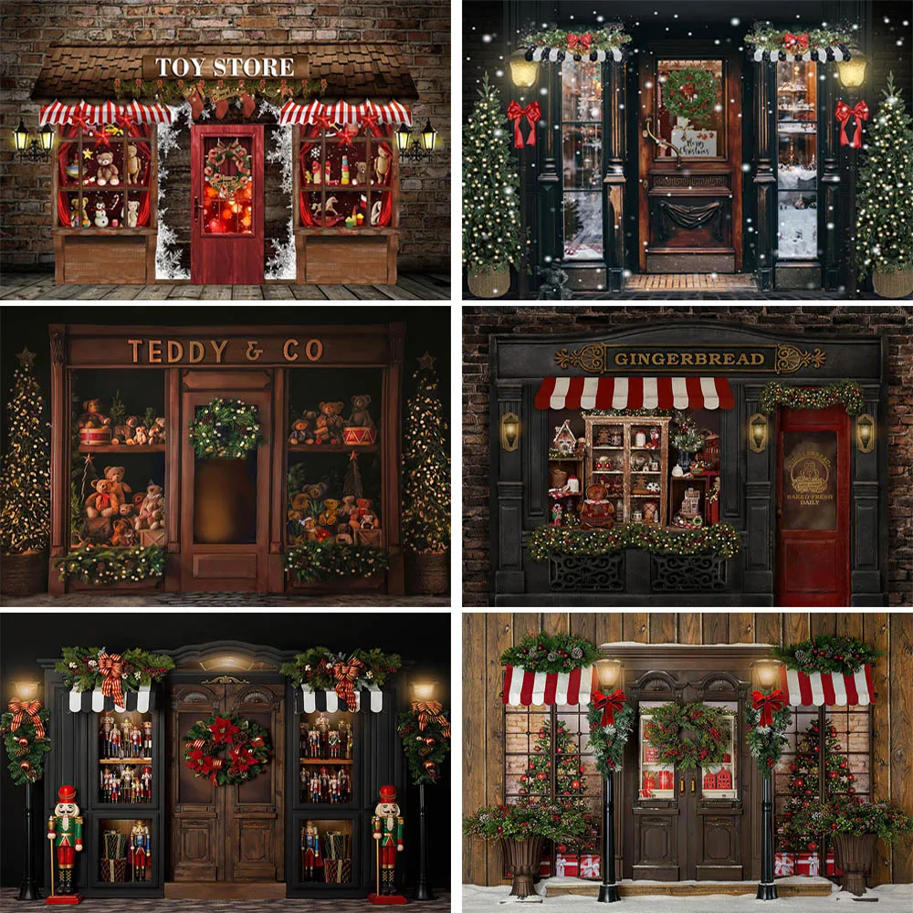 Christmas Toy Store Backdrops Kids Family Portrait Photography Props Xmas Winter Street Snow New Year Background Photo Studio