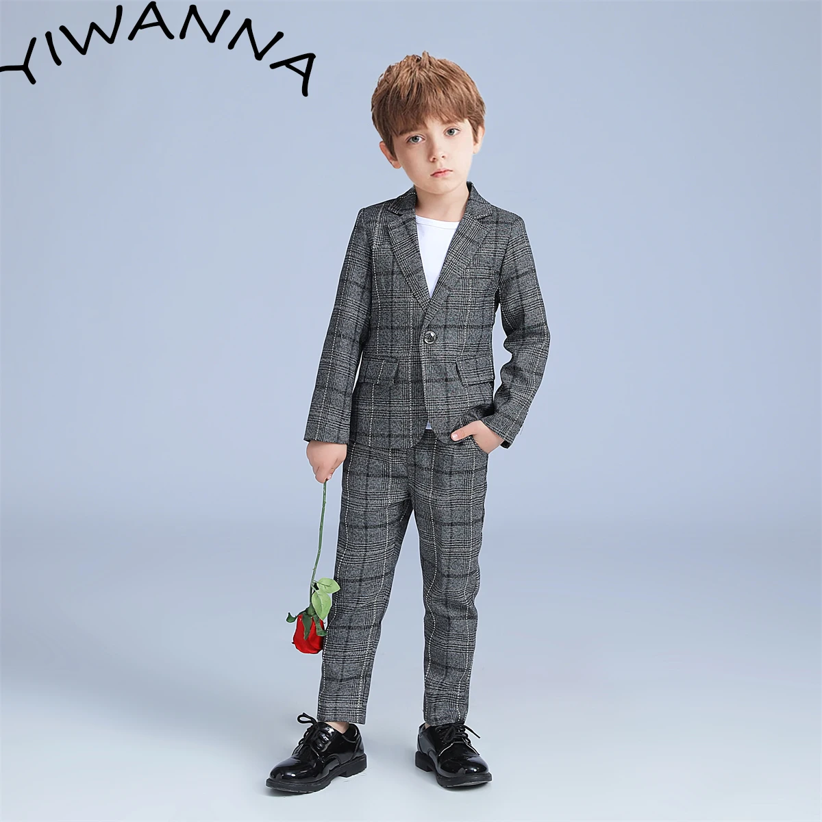 Handsome Boys' Lapel Suit Two Pieces Set ( Jacket+Pants) New Male Flower Boy Clothing Dark Gray Suit