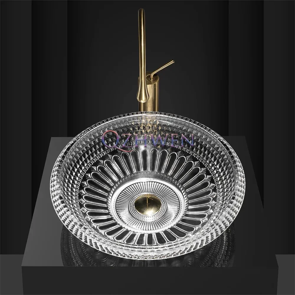 Light Luxury Imitation Crystal Bathroom Sink Die-casting Transparent Glass Washbasin Hotel Balcony Countertop Basin with Faucet