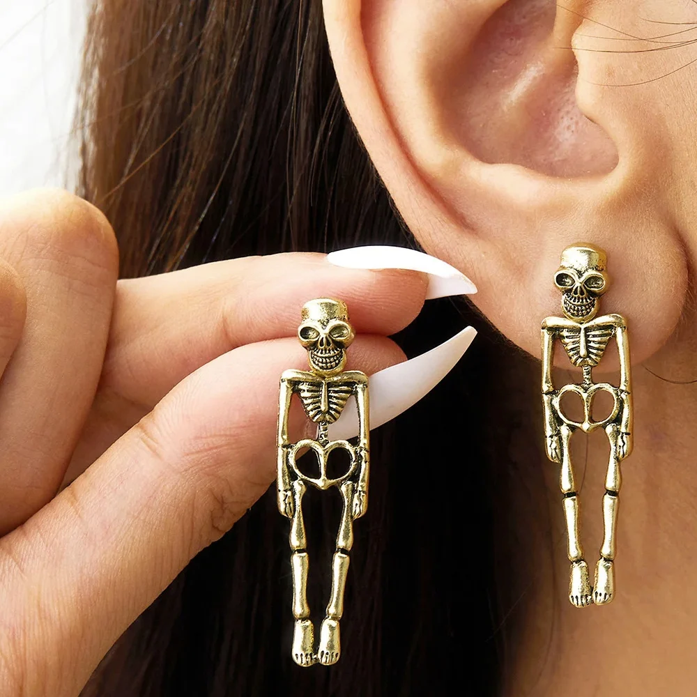 Heart Shaped Skeleton Trendy Halloween Dangle Earrings for Women Vintage Punk Gothic Skull Black Goth Earring Party Fun Jewelry