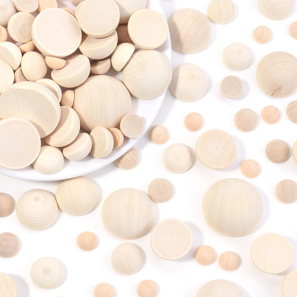 5-50pcs 10‑50mm Unfinished Half Round Wooden Beads Hemisphere Split Wood Balls for DIY Ornament Craft Decoration Supplies