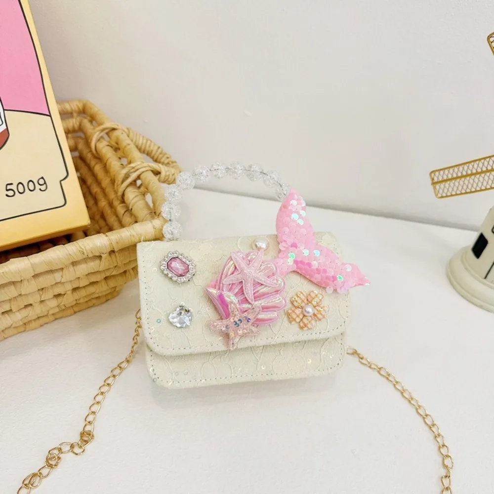 Cute Polyester Kids Shoulder Bag Pearl Square Pearl Handbag Metal Chain Strap Little Girl Mini Bag Kids