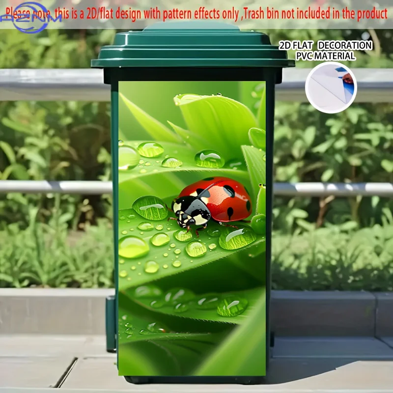 [2D Flat Printing] 1pc 2D Pattern Printing Kitchen Trash Can Sticker X Cm Morning Dew Ladybug Perch Leaf Theme Kitchen Home De