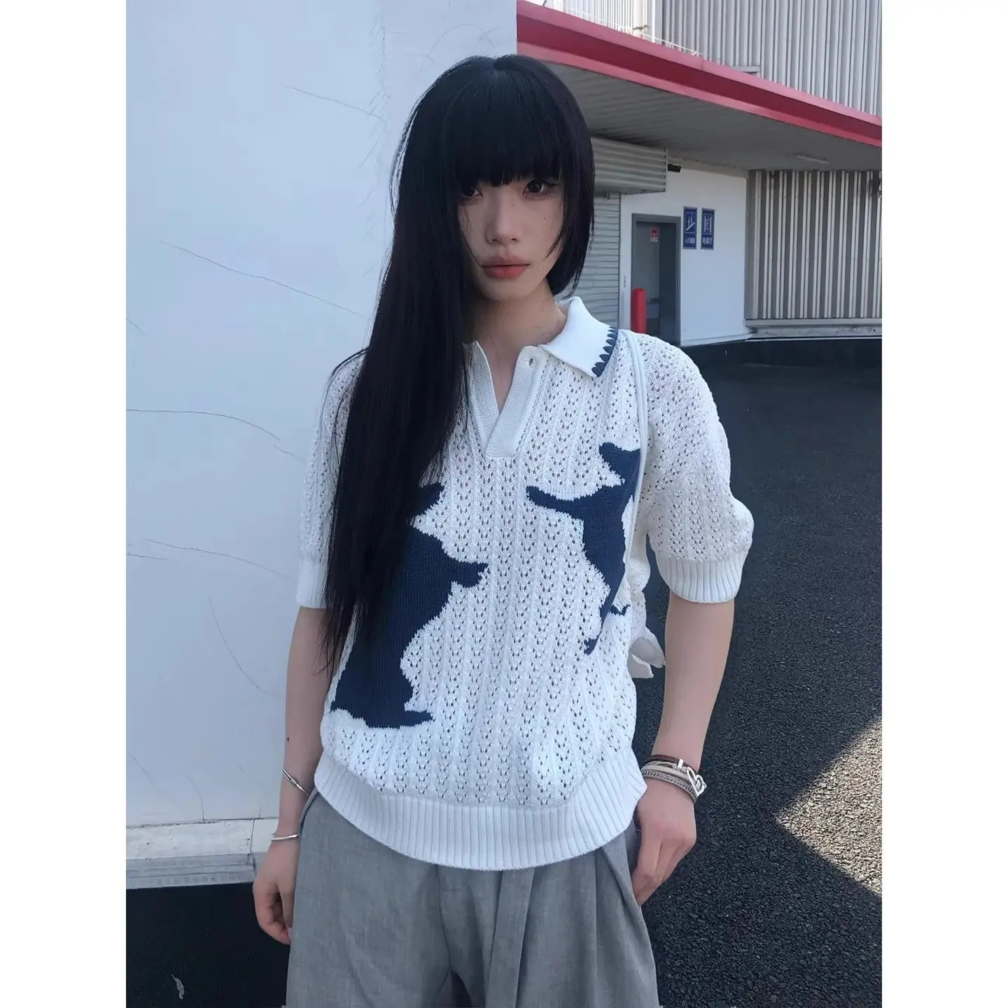 Retro Knitted Short-sleeved Women's Summer Polo Shirt T-shirt Loose Hollow Top