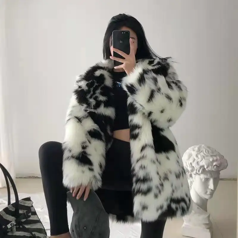 2022 New Fashion Cow Pattern Fox Fur Coat Women's Faux Fur All-in-one Coat