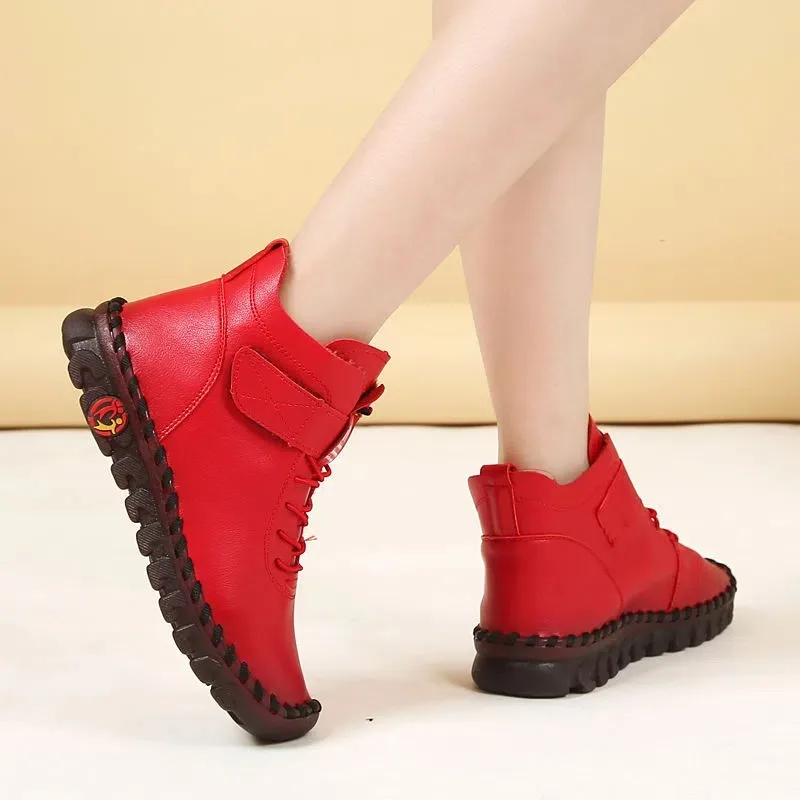 Boots Female Classic Warm Plush Winter Casual Women Shoes Fashion Red Leather Woman Flat Soled Non-slip Snow Boots Mom Booties