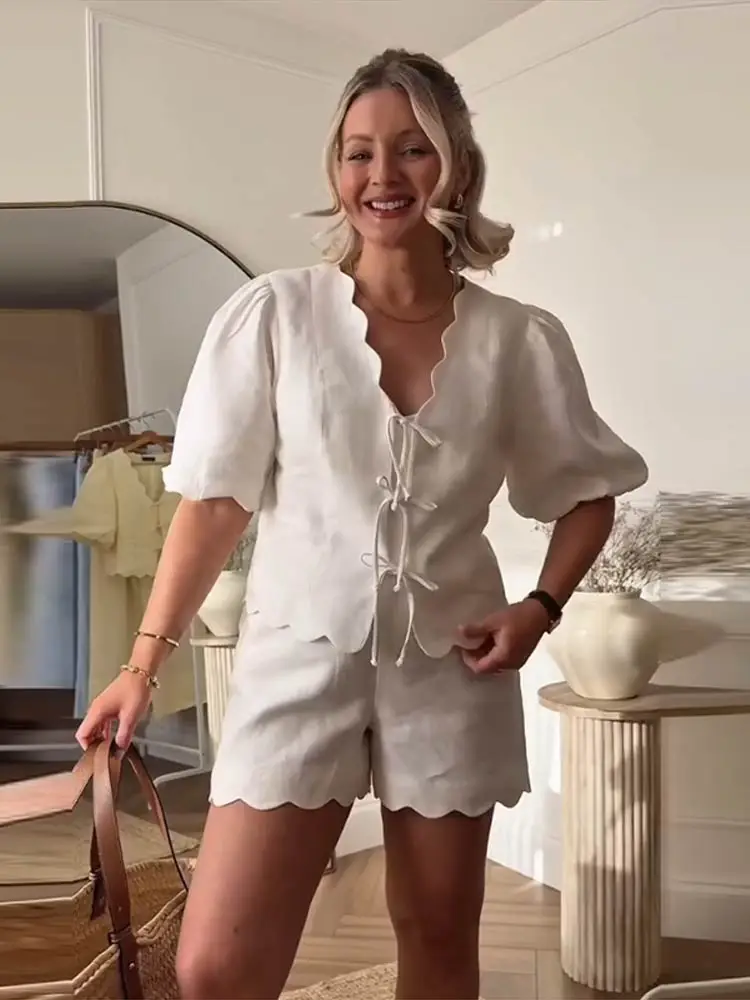 

Chic Lace Up Ruffles Shirt Short Pant Skirts Sets women Loose V-neck Top Solid Ruched Pants Ankle Length Skirt 2025 Spring Lady
