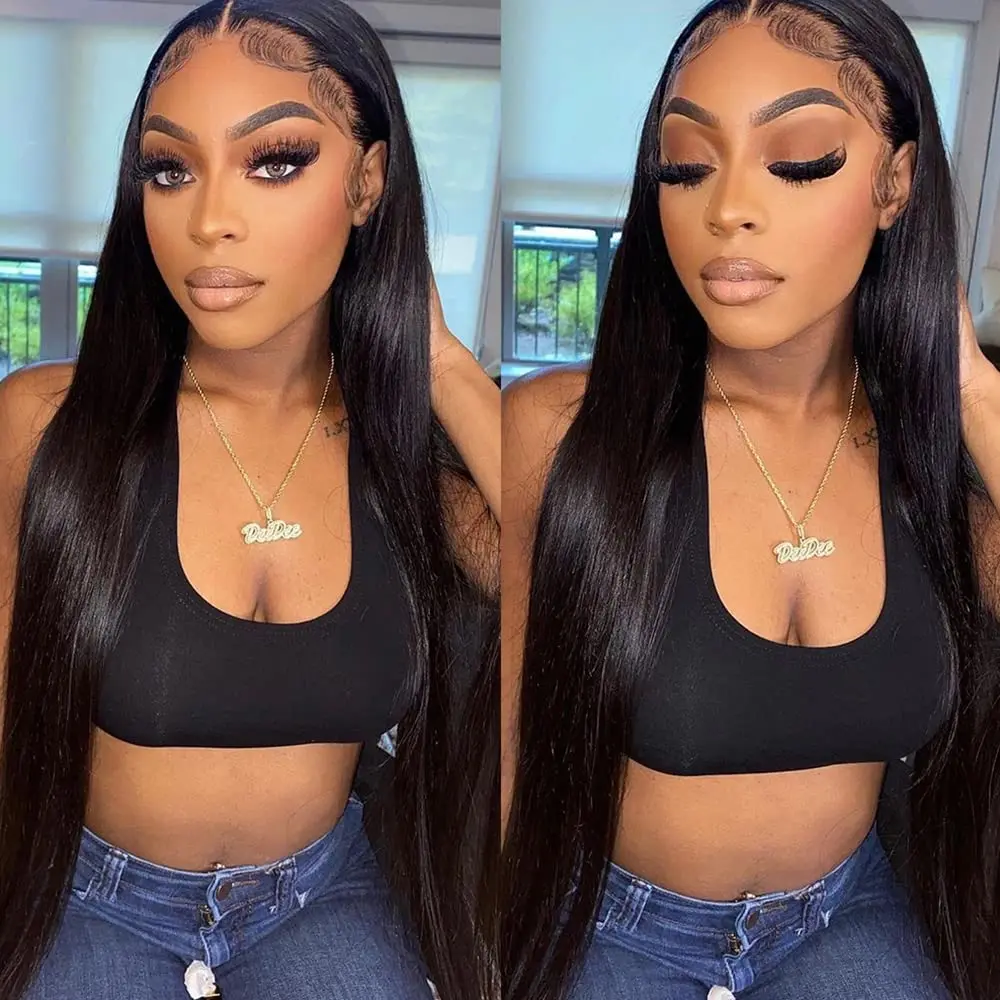 200% 250% Density Remy Straight Human Hair Blend Lace Front Wig for Black Women 13x4 13x6 5x5 HD Lace Front Straight Wig Glueless Pre Plucked Wig Natural Black Long Straight Daily Wear Wig On Clearance Sale Pre Plucked Wig Party Work Daily Life