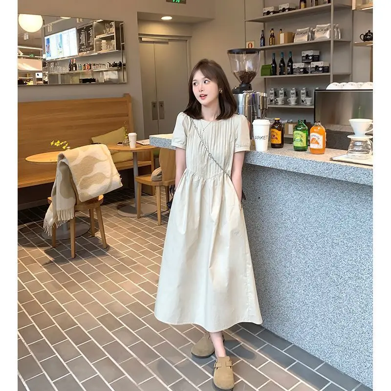 French Commuting Tea Breaks Enjoy Leisure Dresses For Women Summer Slim Pure Color Short Sleeves Vestidos Korean Summers Clothes