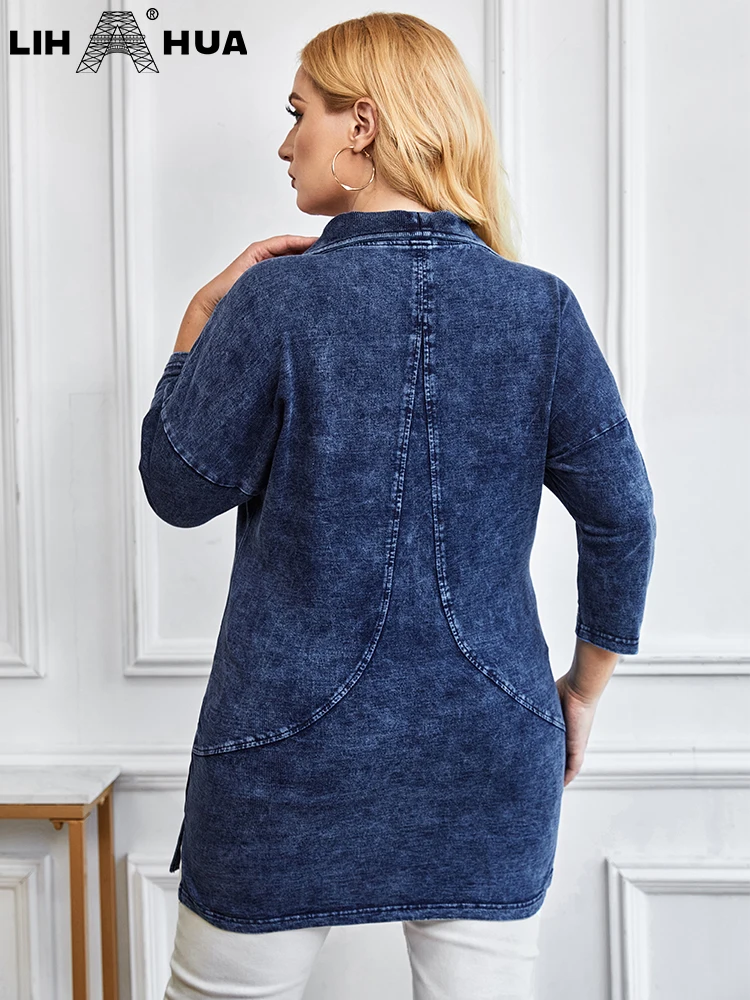 LIH HUA Vrouwen Plus Size Denim Jas Herfst Mode Elegant Jas Geschikt voor Ronde Vrouwen Katoen Gebreide Jas