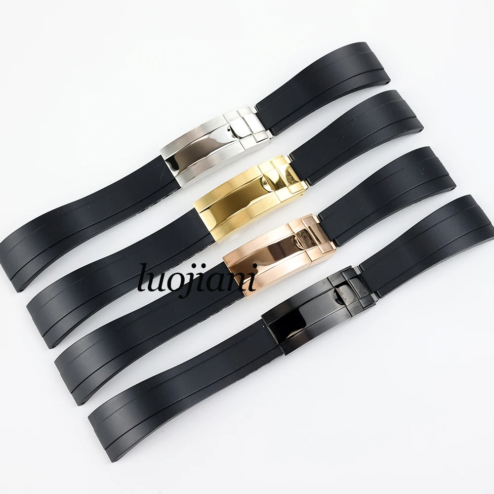 

20mm Bracelet black/rose gold/silver rubber strap folding safety buckle for NH35 watch case 40mm sbumariner gmt yacht-master