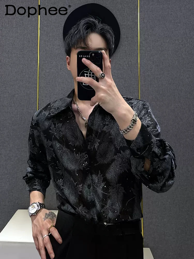 

2024 Summer New High-End Gilding Leaves Printed Long-Sleeve Shirts Men's Loose Sun-protect Clothes Thin Micro Transparency Shirt