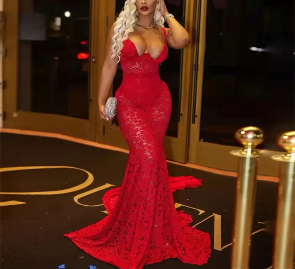 

Xijun Red Mermaid Lace Evening Dresses Spaghetti Strap Sexy Prom Dresses Long Floor Length For Black Celebrity Customized