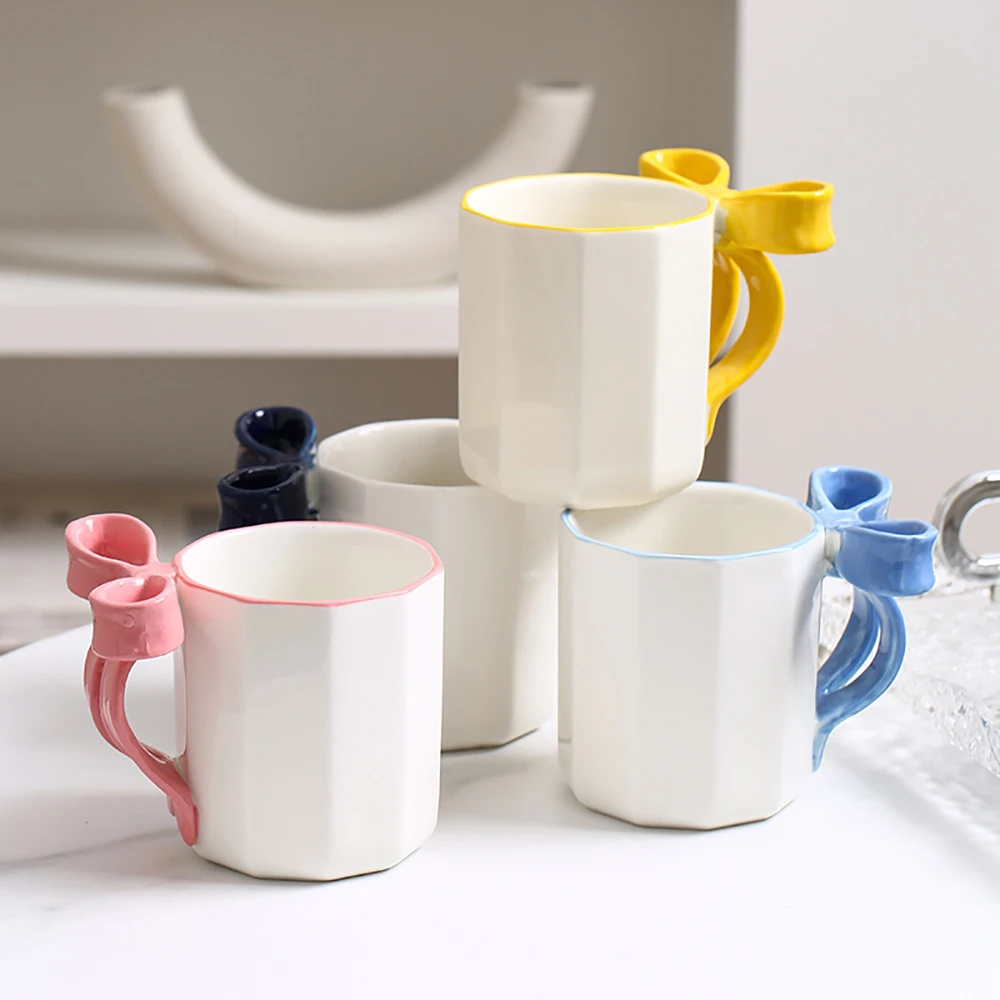 Creative Bowknot Handle Ceramic Cup Simple Octagonal Shape Mugs for Couple Gift Water Cups Daily Office Coffee Tea Milk Mug