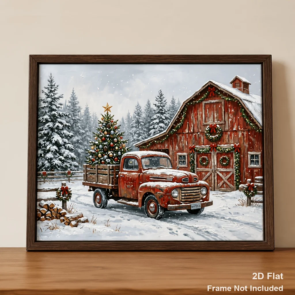 55X80CM Posters & Prints Vintage Rustic Red Old Truck Carrying Decorated Christmas Tree Wall Art, Snowy Winter Farm Red Barn