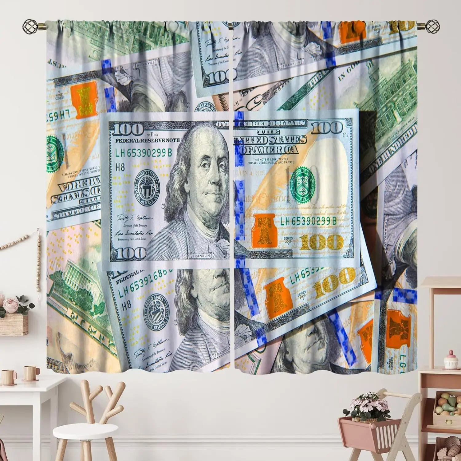 Money Curtains Dollar Cash Abstract Modern Theme Art Printed Curtain with Rod Pocket for Bedroom Living Room Kitchen Home Drapes
