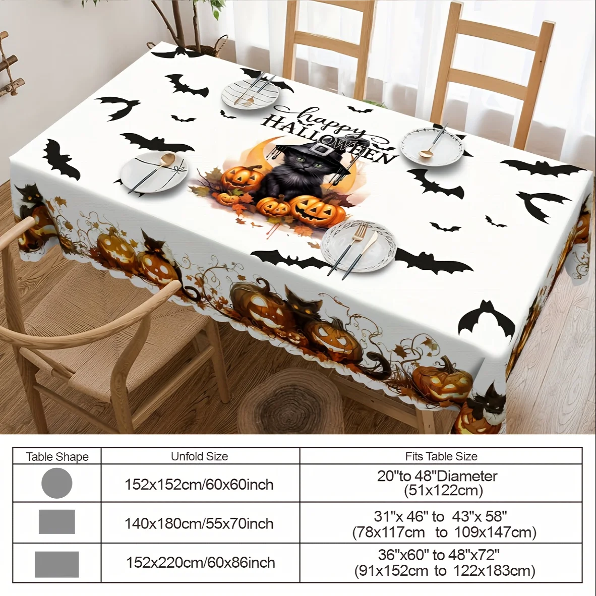 1 item: Halloween cat tablecloth, Halloween pumpkin bat round tablecloth, ghost face pumpkin tableclothzyc