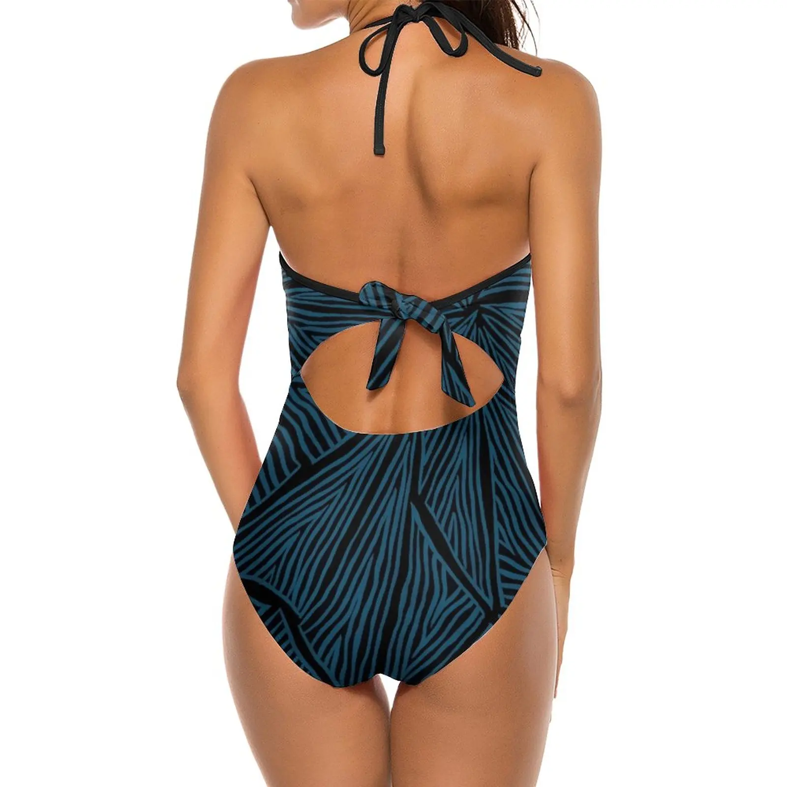 Blue Triangles Deep V-Neck Halter One-Piece Swimsuit Ladies Monokini Beach Bathing Suits Swimwear Blue Black Earth Tones