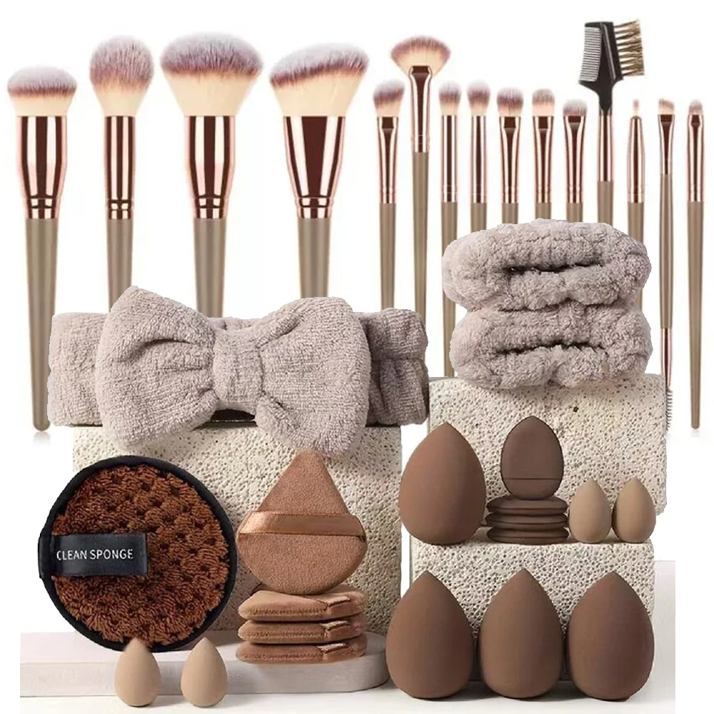 Makeup Brushes and Sponges Set, Brown Makeup Puff, Beauty Egg, Headband, Wristband Remover Kit, Makeup Tool, Gift, 20/35