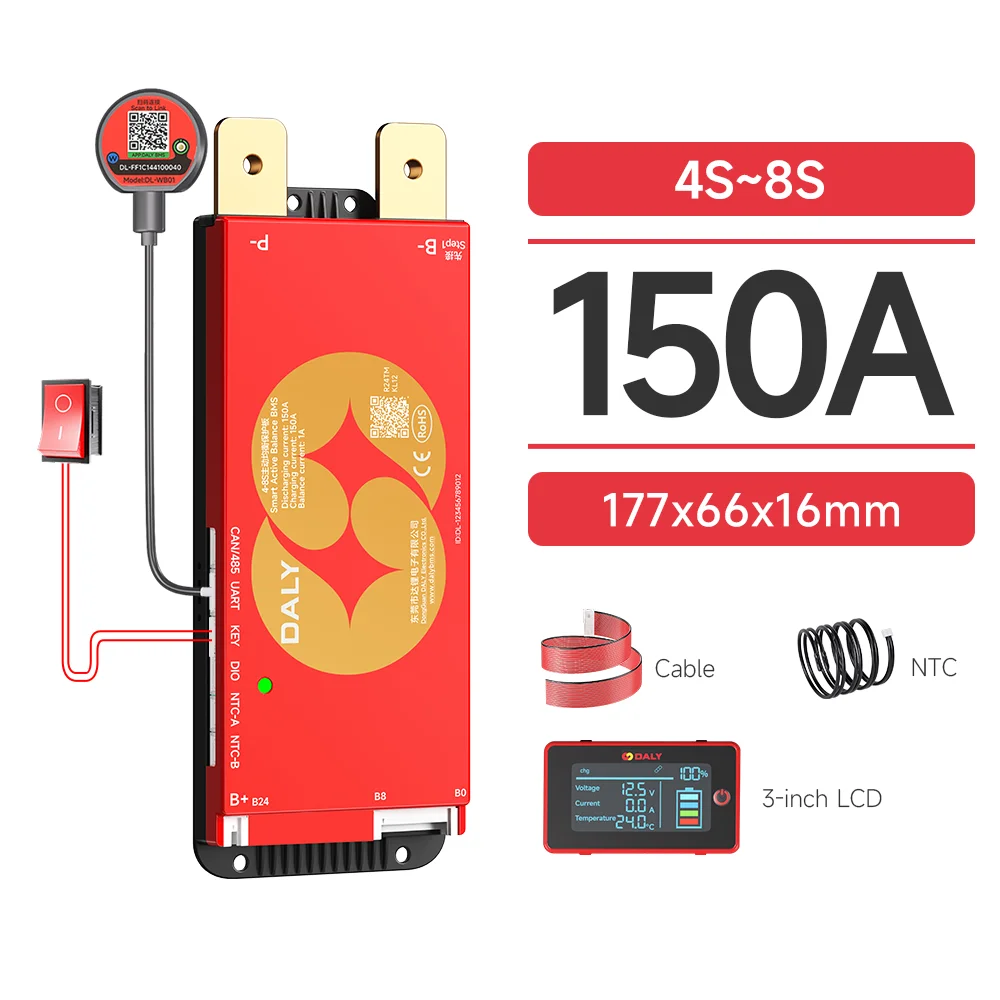 DALY Smart BMS 4S 8S 16S 40A 60A 100A 150A 200A 12V 24V 48V LiFePo4 1A Actieve Balancer BMS met LCD RS485 UART WIFI KEY