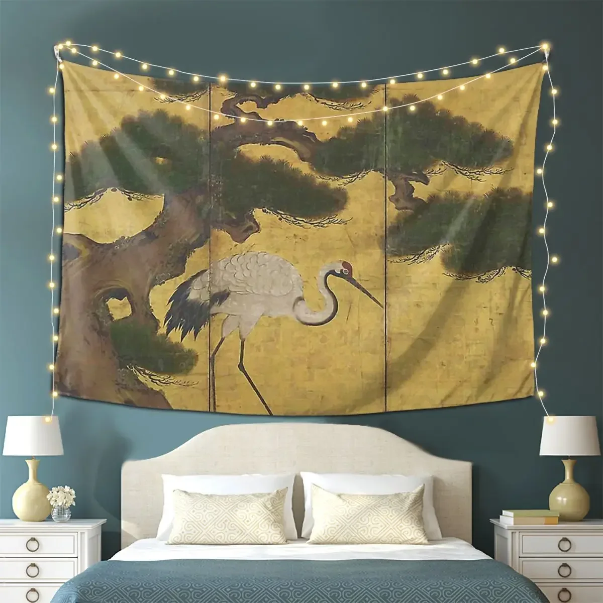 Japanese Red Crowned Crane Edo Jidai Gold Leaf Folding Screen Tapestry Decoration Aesthetic Tapestries Wall Cloth Wall Hanging