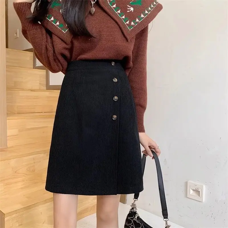 High Waist Zipper Corduroy Vintage A-line Skirt Autumn Winter Slim Solid All-match Korean Half Skirt Trend Fashion Women Clothes